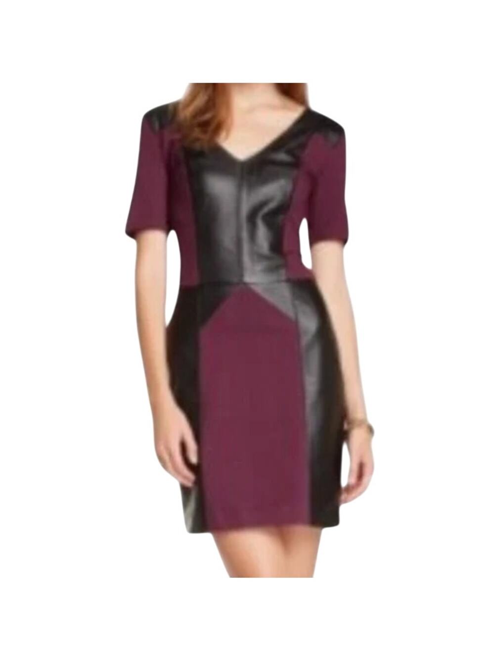 Rebecca Minkoff Plum Purple V-Neck Black Lambskin Leather Panel Mini Dress Sz 0